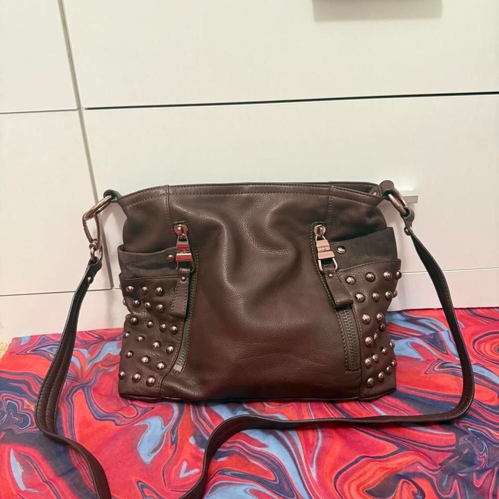 B. Makowsky Espresso Brown Studded Leather Crossbody Bag